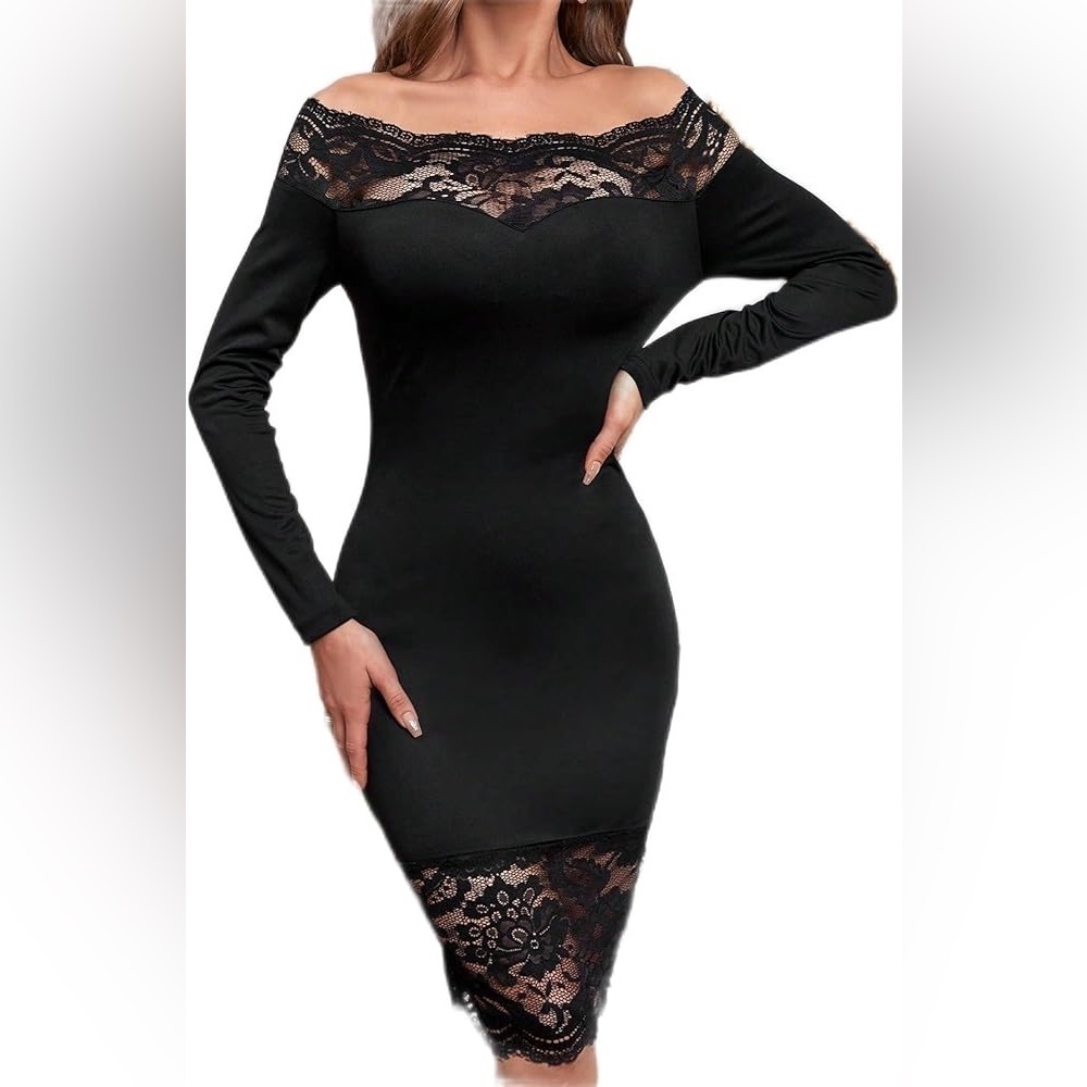 Elegant Black Lace Off-Shoulder Dress - Picture 3 of 5